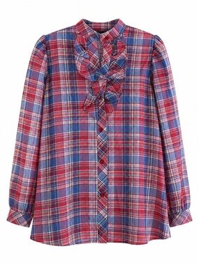 Vintage Mr. Witt Plaid Ruffle Button Blouse Red Blue Size 8 USA Made